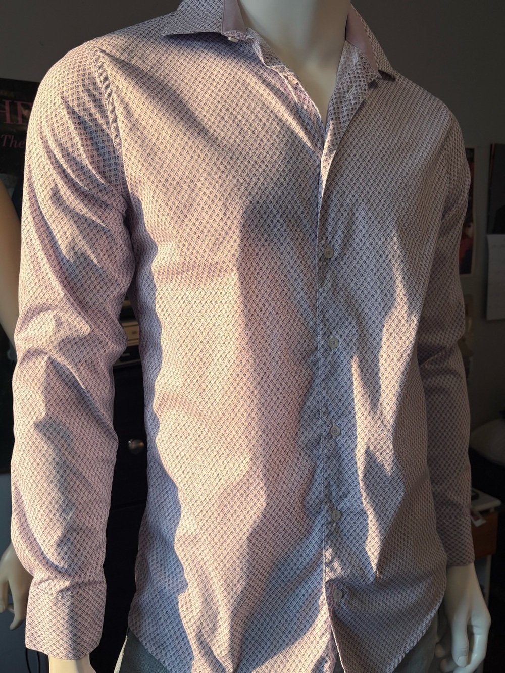 Grafton Slim Fit Dress Shirt Micro floral geometric Pattern lavender Accent Sz M